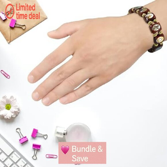 Wood Stretch Bracelet with Saints Images, Unisex Devotional Jewelry - Picture 5 of 8